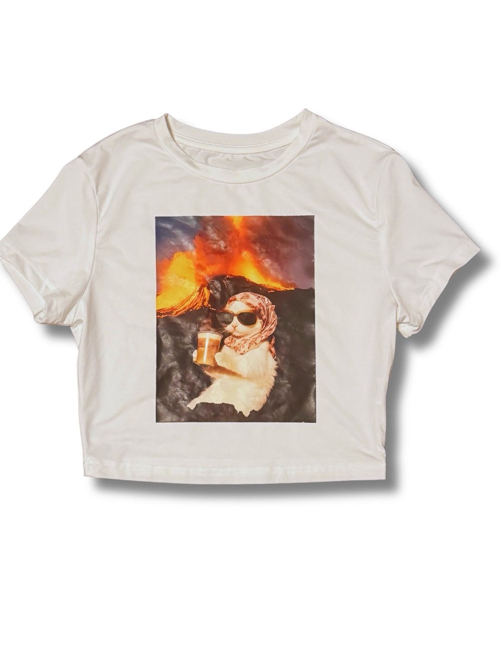 Cute Cat Volcano Graphic Crop Tee | Size Small | Athletic Dry-Fit Feel